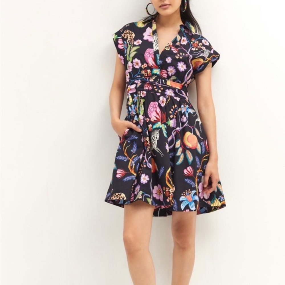 Maeve Floral Mini Dress in Black Zebra, size 14. EUC